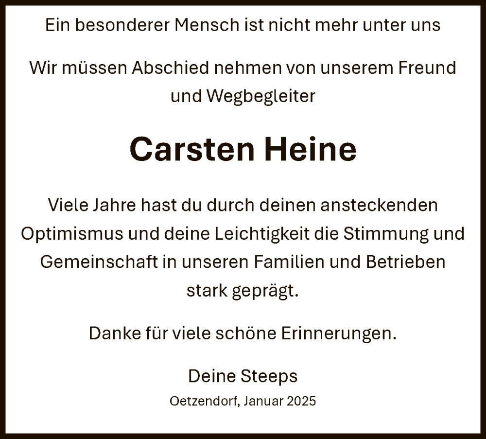  Traueranzeige für Carsten Heine vom 01.02.2025 aus UEL