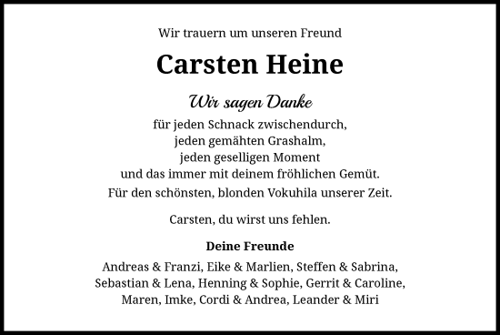 Traueranzeige von Carsten Heine von UEL