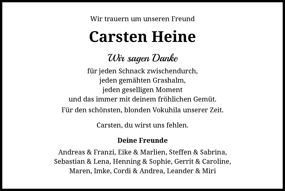  Traueranzeige für Carsten Heine vom 01.02.2025 aus UEL