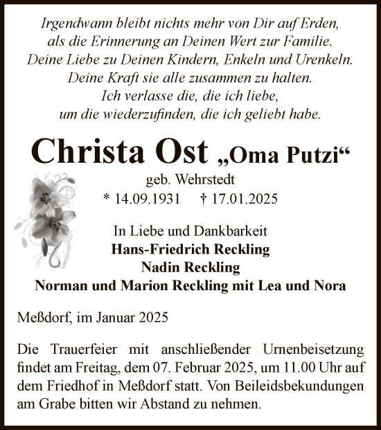 Traueranzeige von Christa Ost von UEL