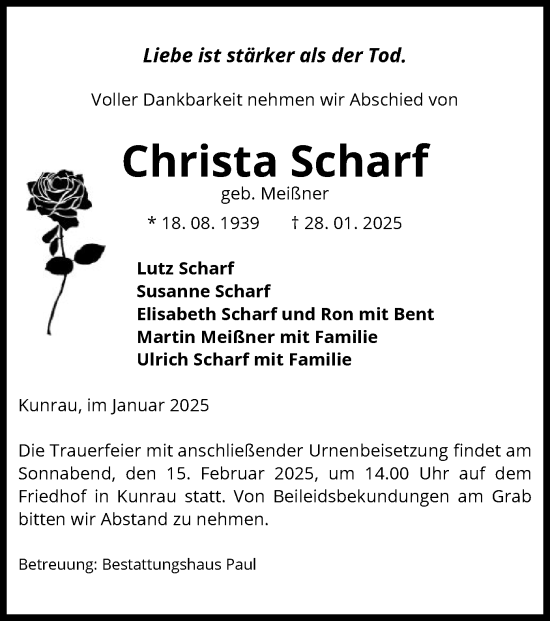 Traueranzeige von Christa Scharf von UEL
