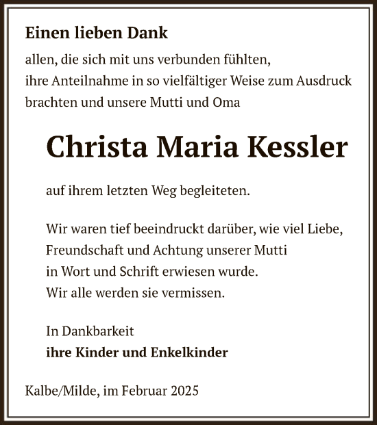 Traueranzeige von Christa Maria Kessler von UEL