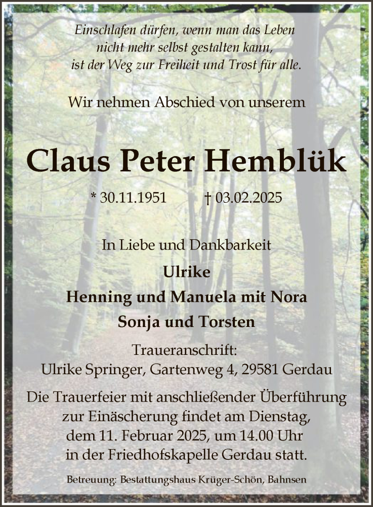  Traueranzeige für Claus Peter Hemblük vom 08.02.2025 aus UEL