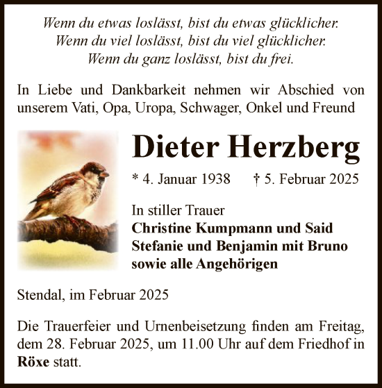 Traueranzeige von Dieter Herzberg von UEL