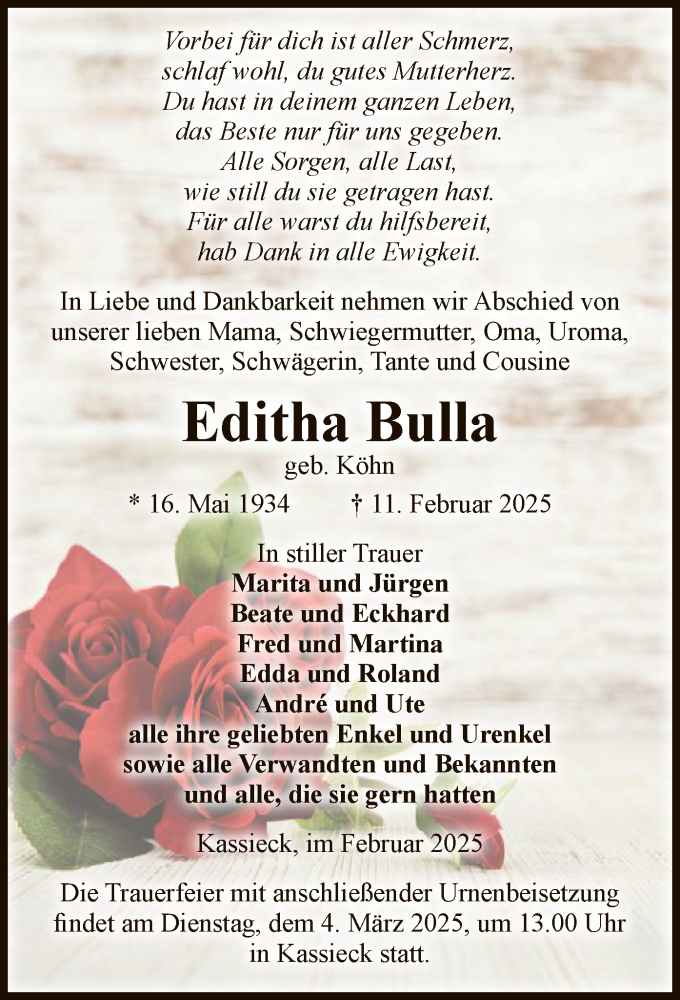  Traueranzeige für Editha Bulla vom 22.02.2025 aus UEL