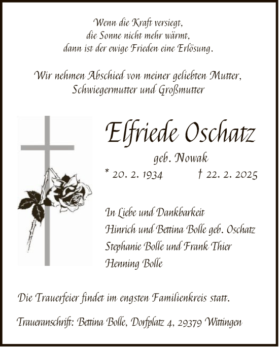Traueranzeige von Elfriede Oschatz von UEL