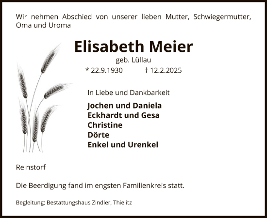Traueranzeige von Elisabeth Meier von UEL