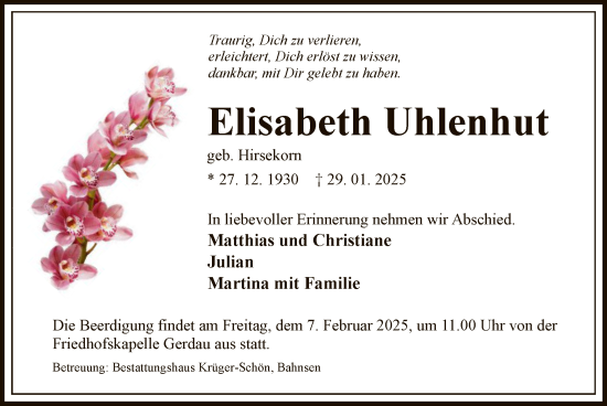 Traueranzeige von Elisabeth Uhlenhut von UEL