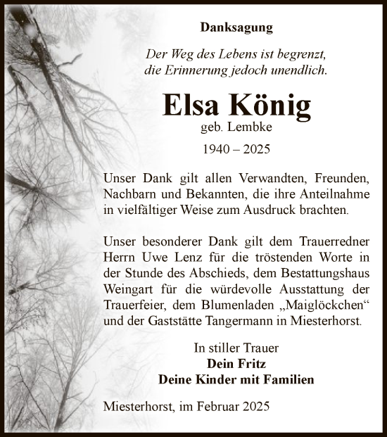 Traueranzeige von Elsa König von UEL