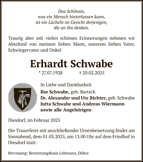 Traueranzeige von Erhardt Schwabe von UEL
