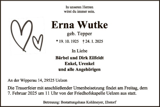 Traueranzeige von Erna Wutke von UEL