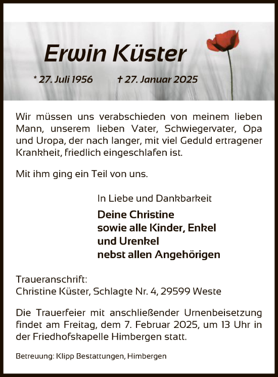 Traueranzeige von Erwin Küster von UEL