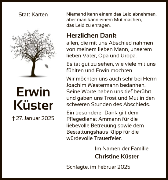 Traueranzeige von Erwin Küster von UEL