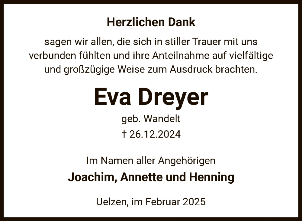  Traueranzeige für Eva Dreyer vom 01.02.2025 aus UEL
