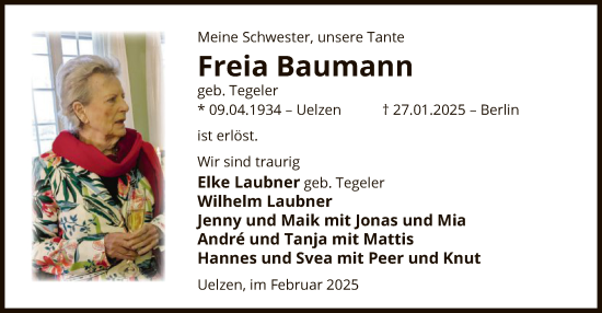 Traueranzeige von Freia Käte Martha Baumann von UEL