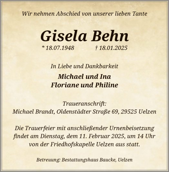 Traueranzeige von Gisela Behn von UEL