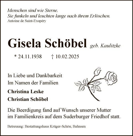 Traueranzeige von Gisela Schöbel von UEL