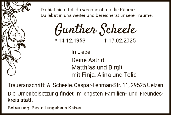 Traueranzeige von Gunther Scheele von UEL
