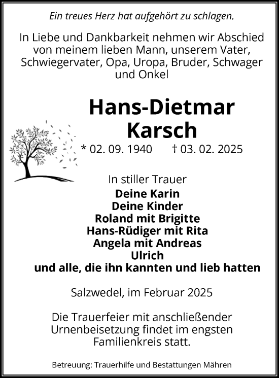 Traueranzeige von Hans-Dietmar Karsch von UEL