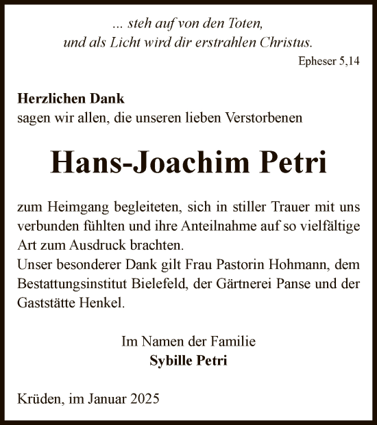 Traueranzeige von Hans-Joachim Petri von UEL