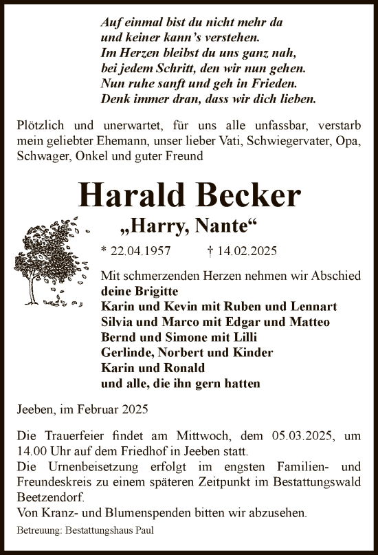 Traueranzeige von Harald Becker von UEL