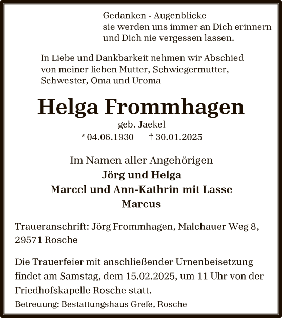 Traueranzeige von Helga Frommhagen von UEL