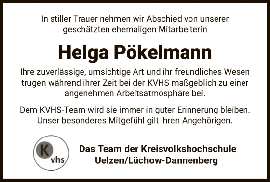 Traueranzeige von Helga Pökelmann von UEL
