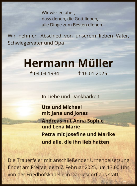 Traueranzeige von Hermann Müller von UEL