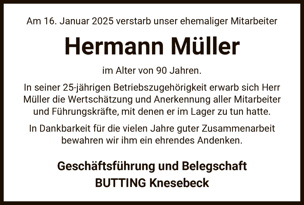  Traueranzeige für Hermann Müller vom 01.02.2025 aus UEL