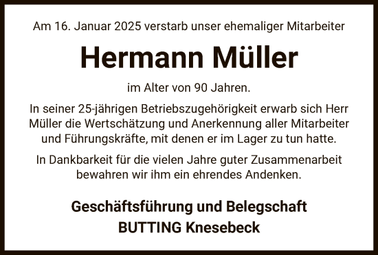 Traueranzeige von Hermann Müller von UEL