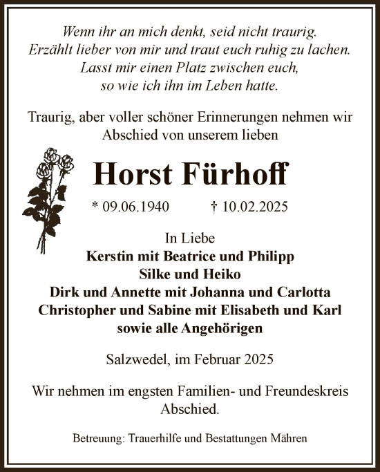 Traueranzeige von Horst Fürhoff von UEL