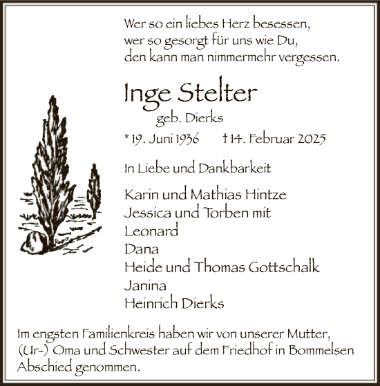 Traueranzeige von Inge Stelter von UEL
