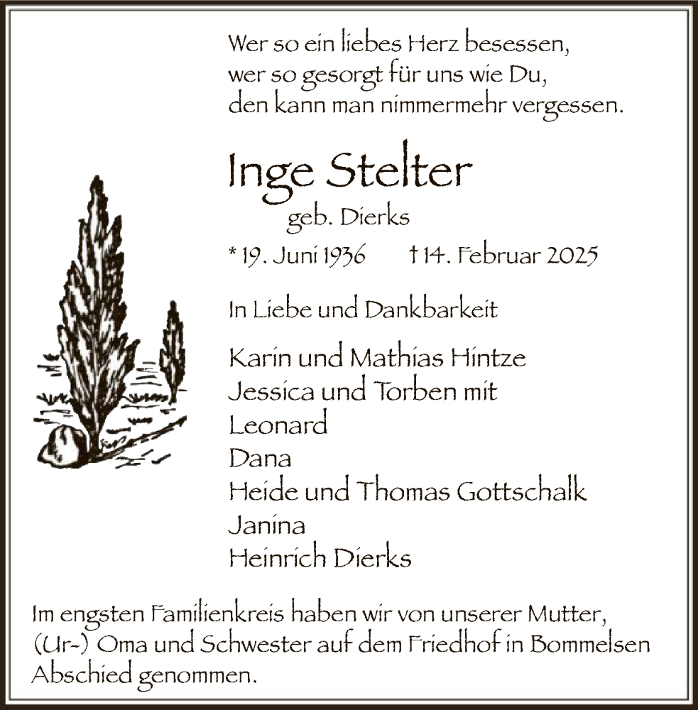  Traueranzeige für Inge Stelter vom 22.02.2025 aus UEL