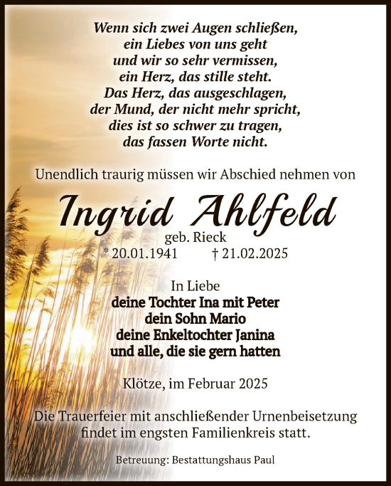 Traueranzeige von Ingrid Ahlfeld von UEL