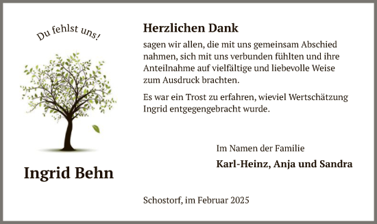 Traueranzeige von Ingrid Behn von UEL