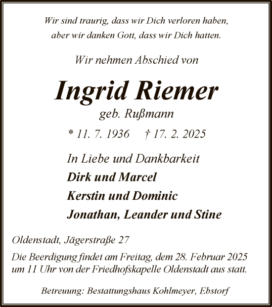 Traueranzeige von Ingrid Riemer von UEL