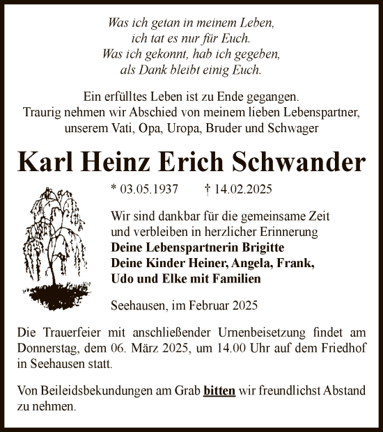Traueranzeige von Karl Heinz Erich Schwander von UEL