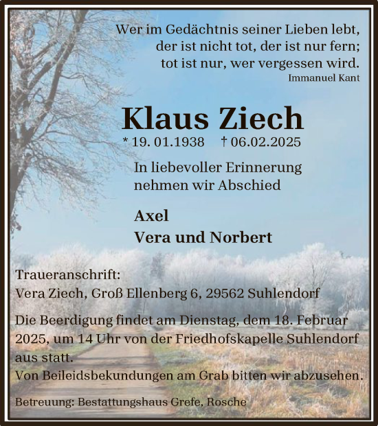 Traueranzeige von Klaus Ziech von UEL