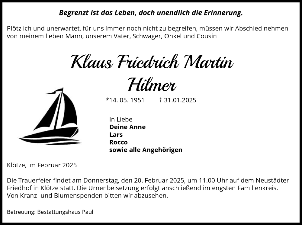  Traueranzeige für Klaus Friedrich Martin Hilmer vom 05.02.2025 aus UEL