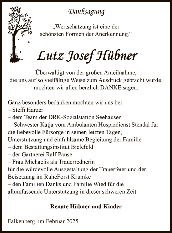Traueranzeige von Lutz Josef Hübner von UEL