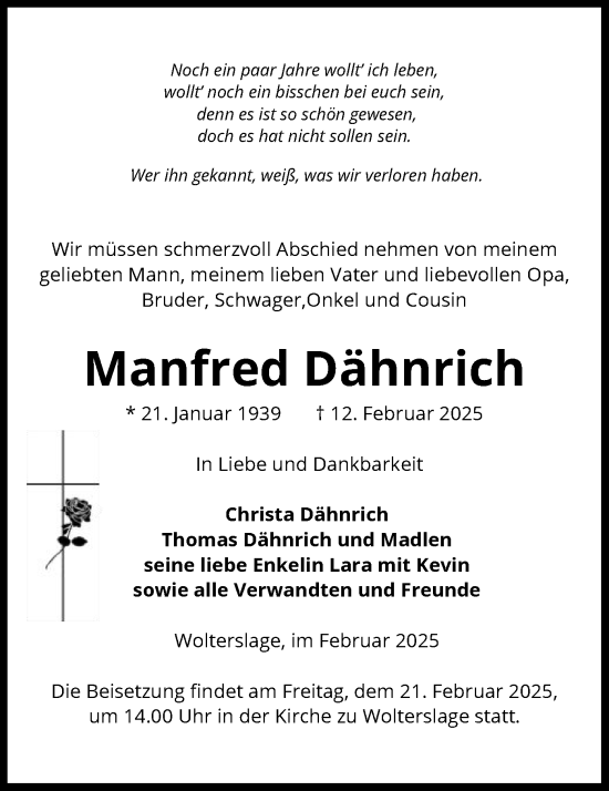Traueranzeige von Manfred Dähnrich von UEL