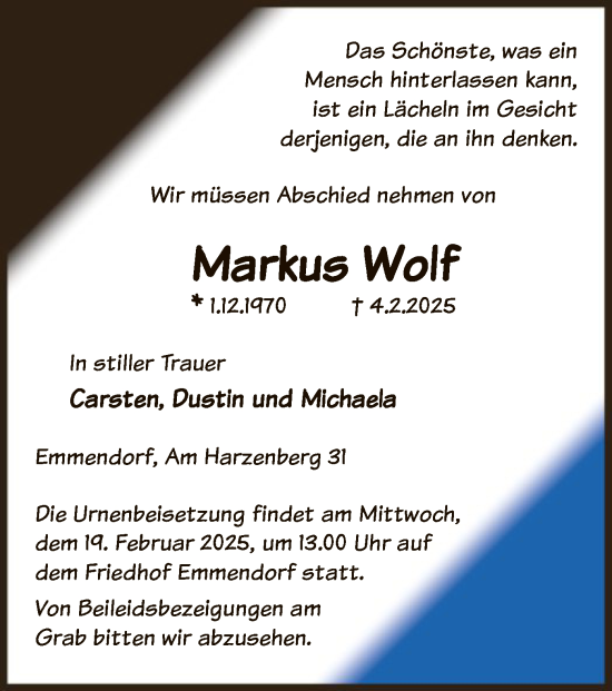 Traueranzeige von Markus Wolf von UEL