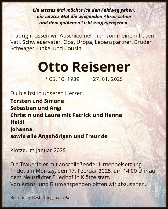 Traueranzeige von Otto Reisener von UEL