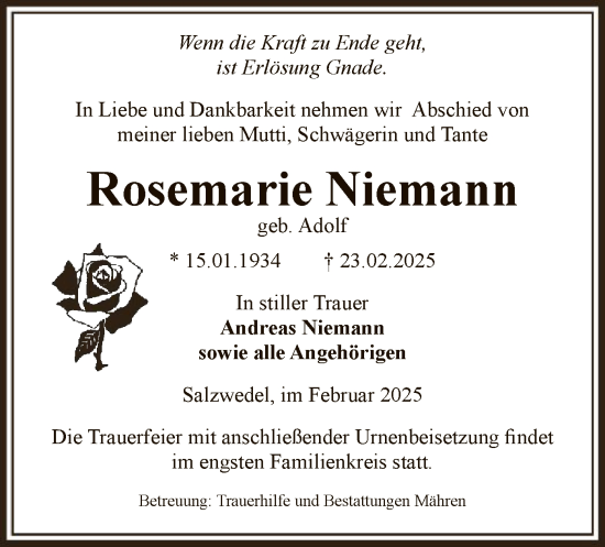 Traueranzeige von Rosemarie Niemann von UEL