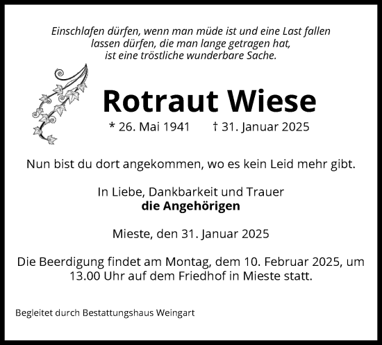Traueranzeige von Rotraut Wiese von UEL