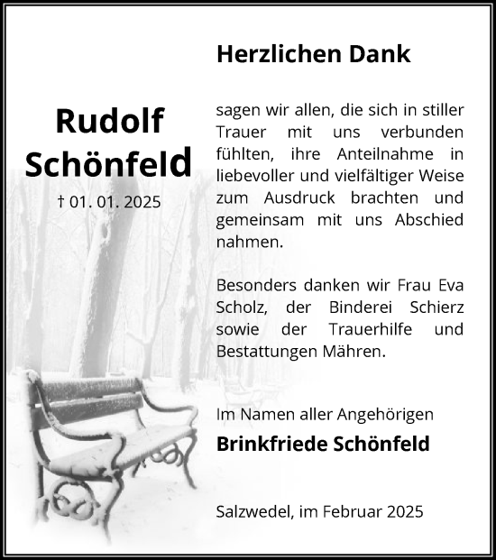 Traueranzeige von Rudolf Schönfeld von UEL