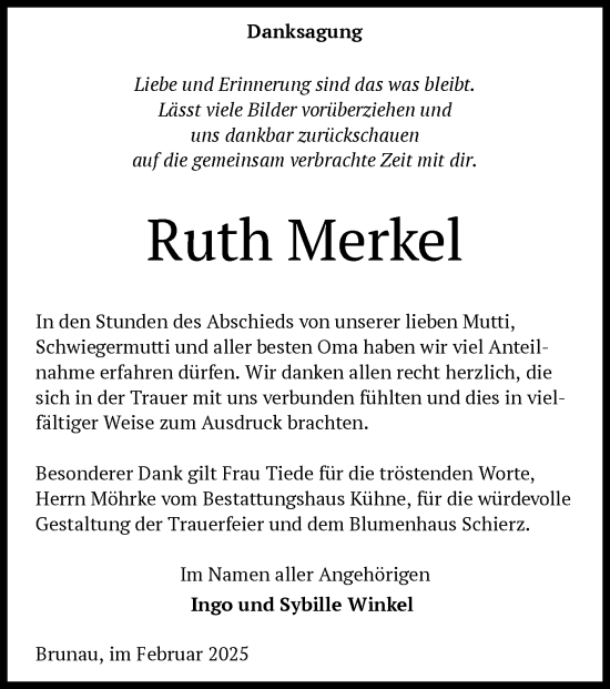 Traueranzeige von Ruth Merkel von UEL