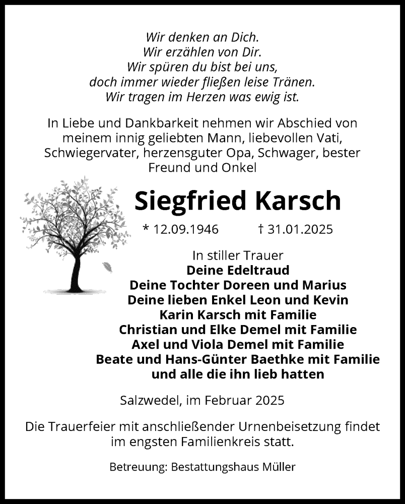  Traueranzeige für Siegfried Karsch vom 08.02.2025 aus UEL