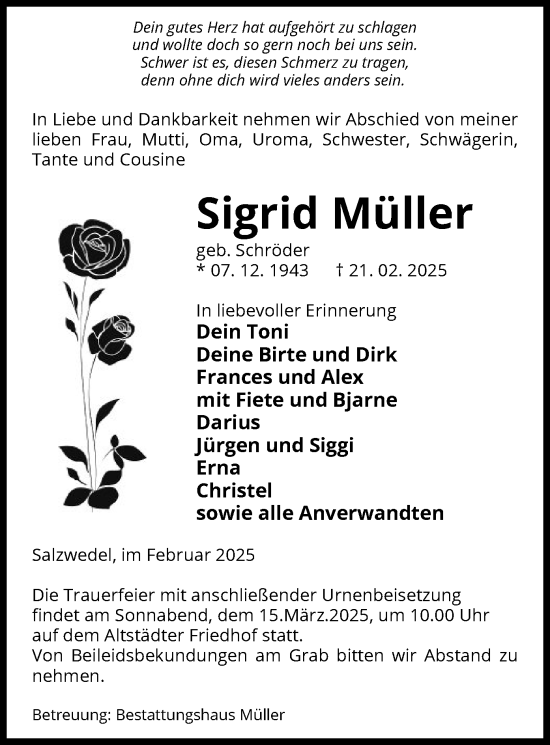 Traueranzeige von Sigrid Müller von UEL