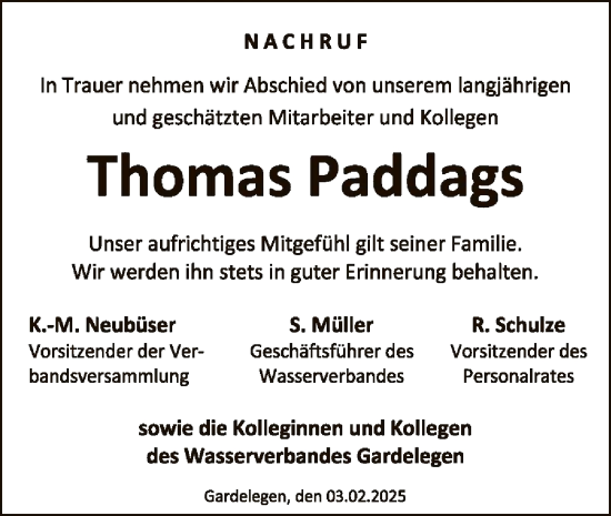 Traueranzeige von Thomas Paddags von UEL